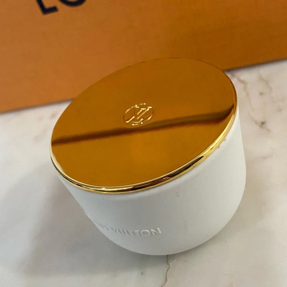 Authentic Louis Vuitton Ceramic Scented Candle with Gold Lid Accent